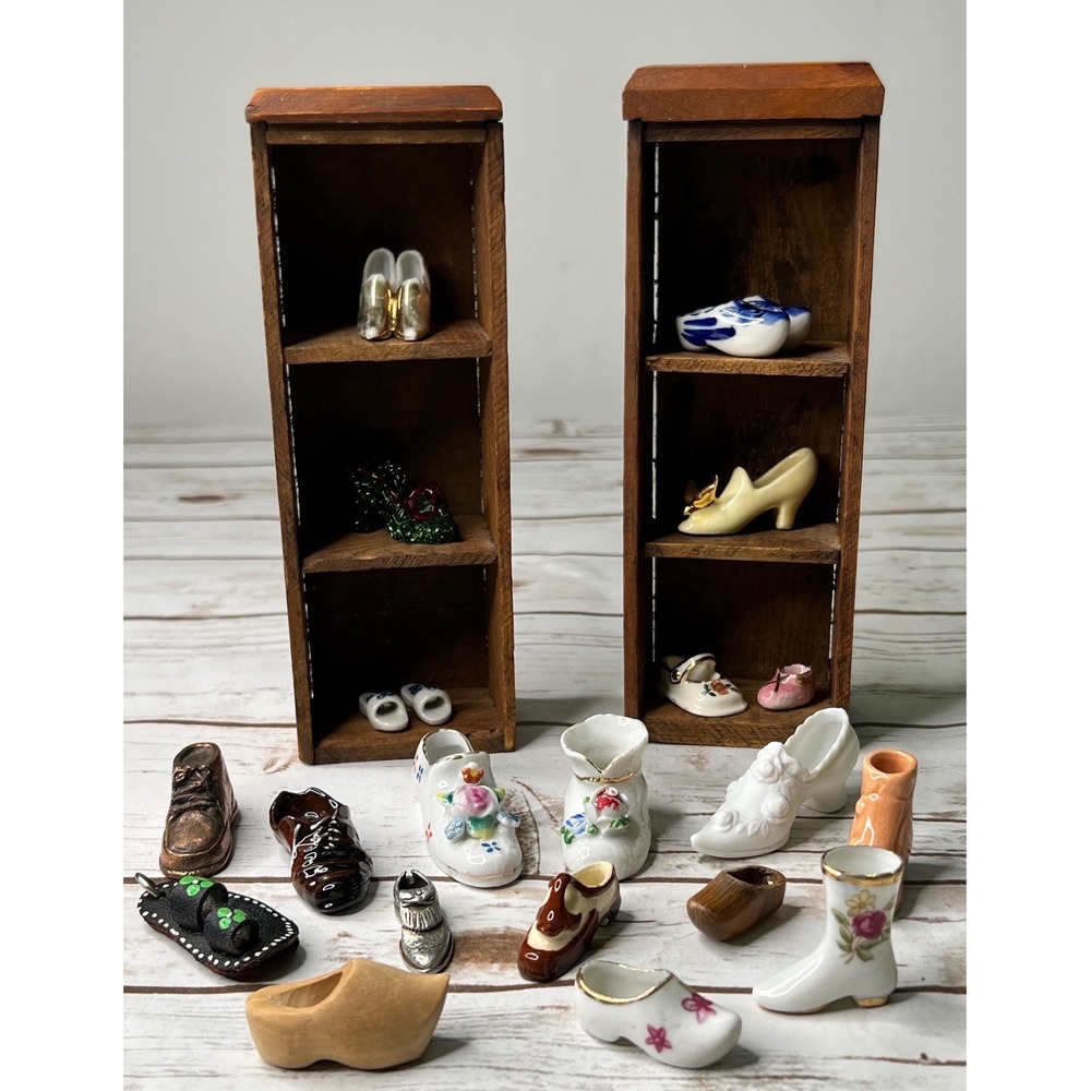 Vintage Miniature‎ Shoe Collection Multicolor Porcelain Glass Wood Shelves OS